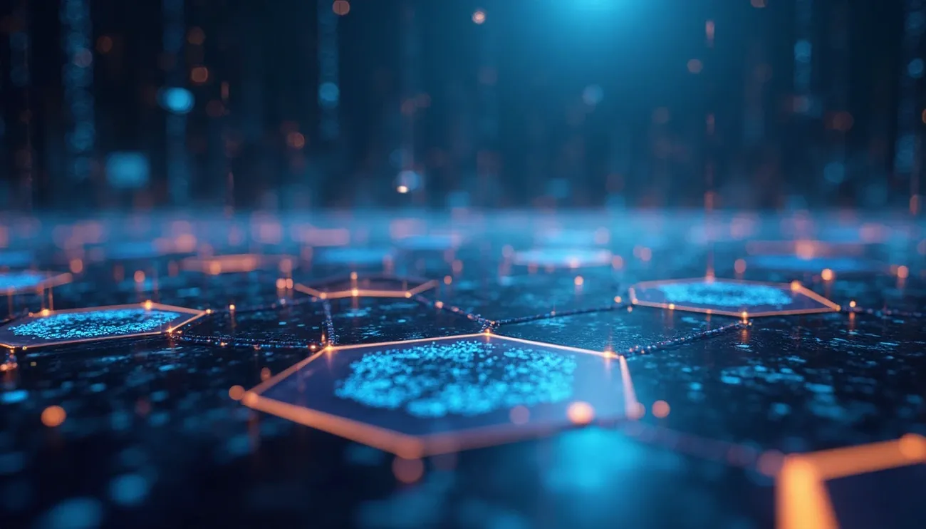 Glowing hexagonal grid with blue data points and orange edges representing digital monitoring in Kubernetes systems.